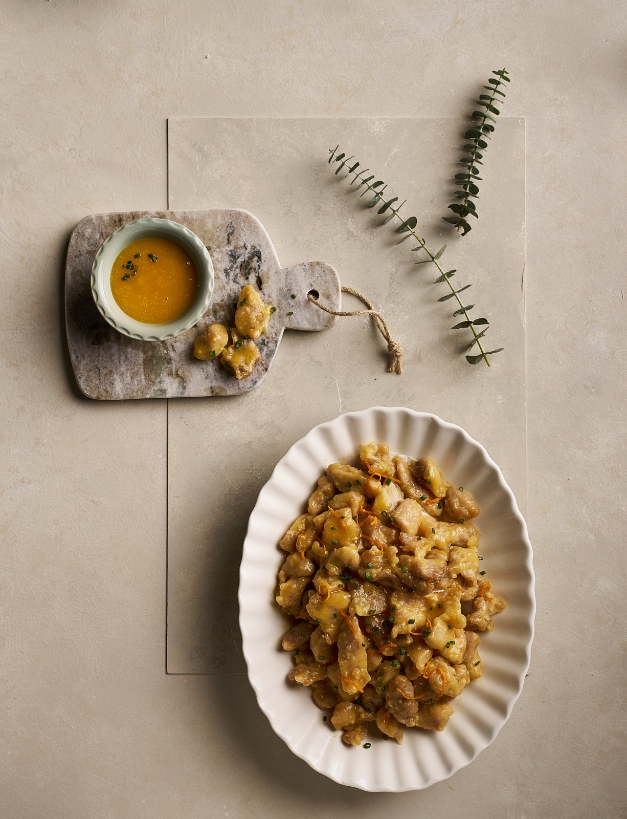 Glazed chicken bites in a styled overhead composition